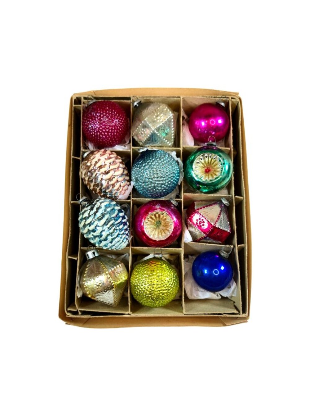 Vintage Miniature Mercury Glass Christmas Ornaments Box Set Made In Japan 1950s